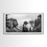Misty Coastal Cliffs, Ocean Horizon, Monochrome Art, Nature Landscape, Canvas Print, Rustic Living Room Decor, Moody Wall Art, Black and White