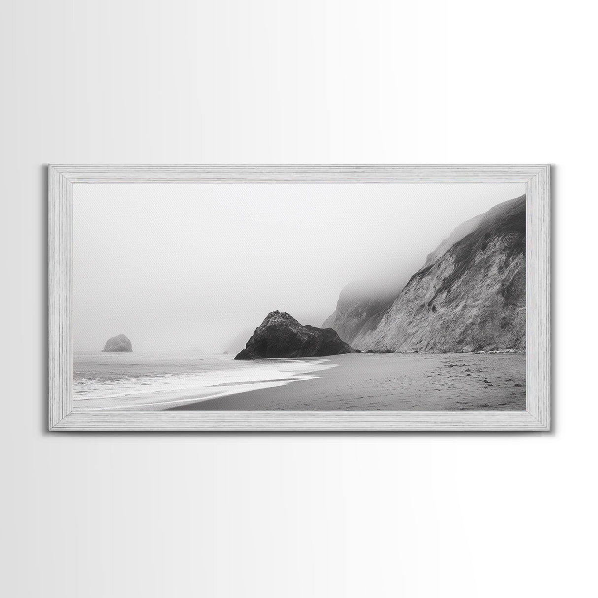 Foggy Beach Boulders, Minimalist Shoreline, Moody Monochrome, Canvas Print, Neutral Bathroom Art, Zen Wall Decor, Calm Coastal Scene