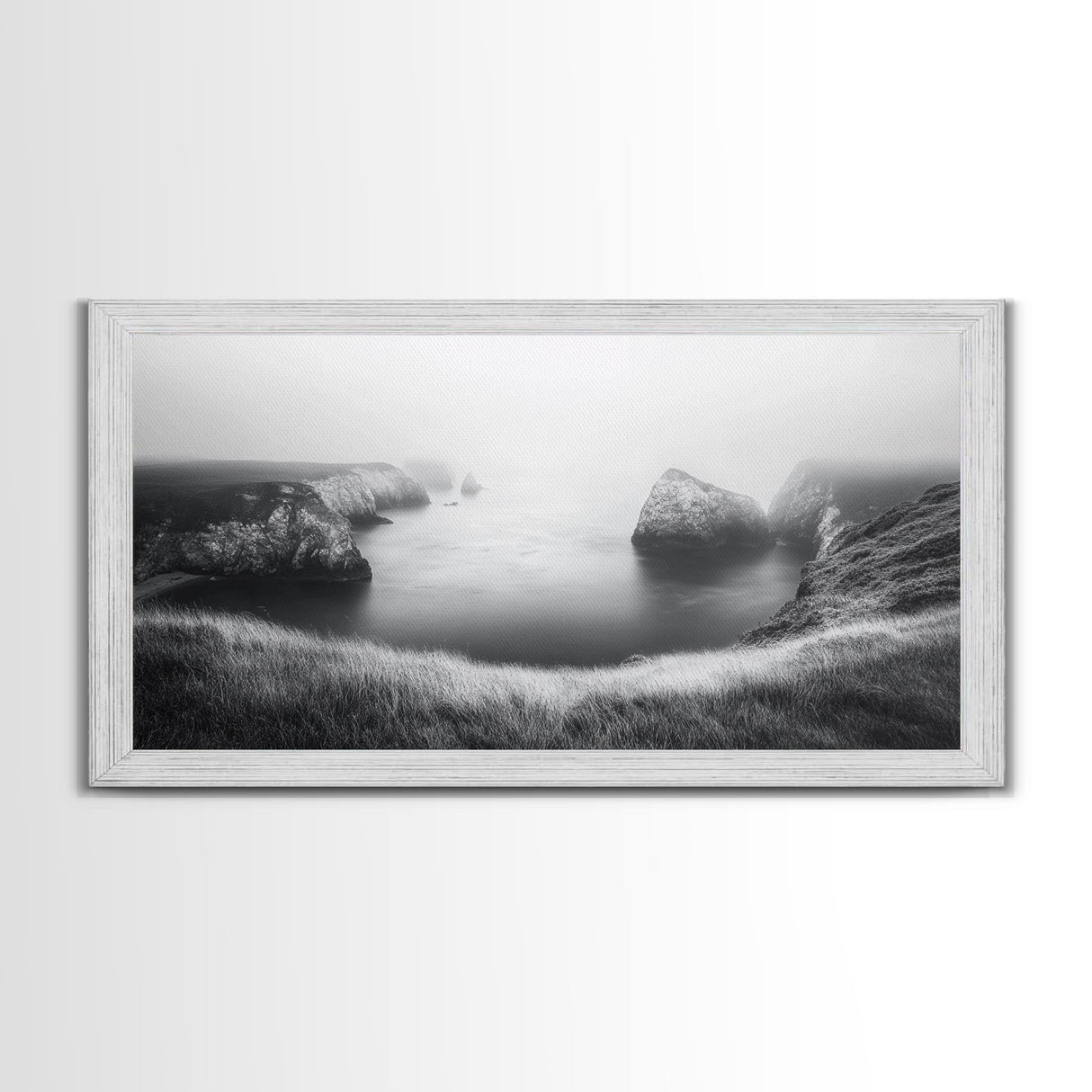 Serene Fog Cliffs, Dreamy Coastline, Soft Light Seascape, Canvas Print, Tranquil Bedroom Wall Art, Minimal Nature Photography