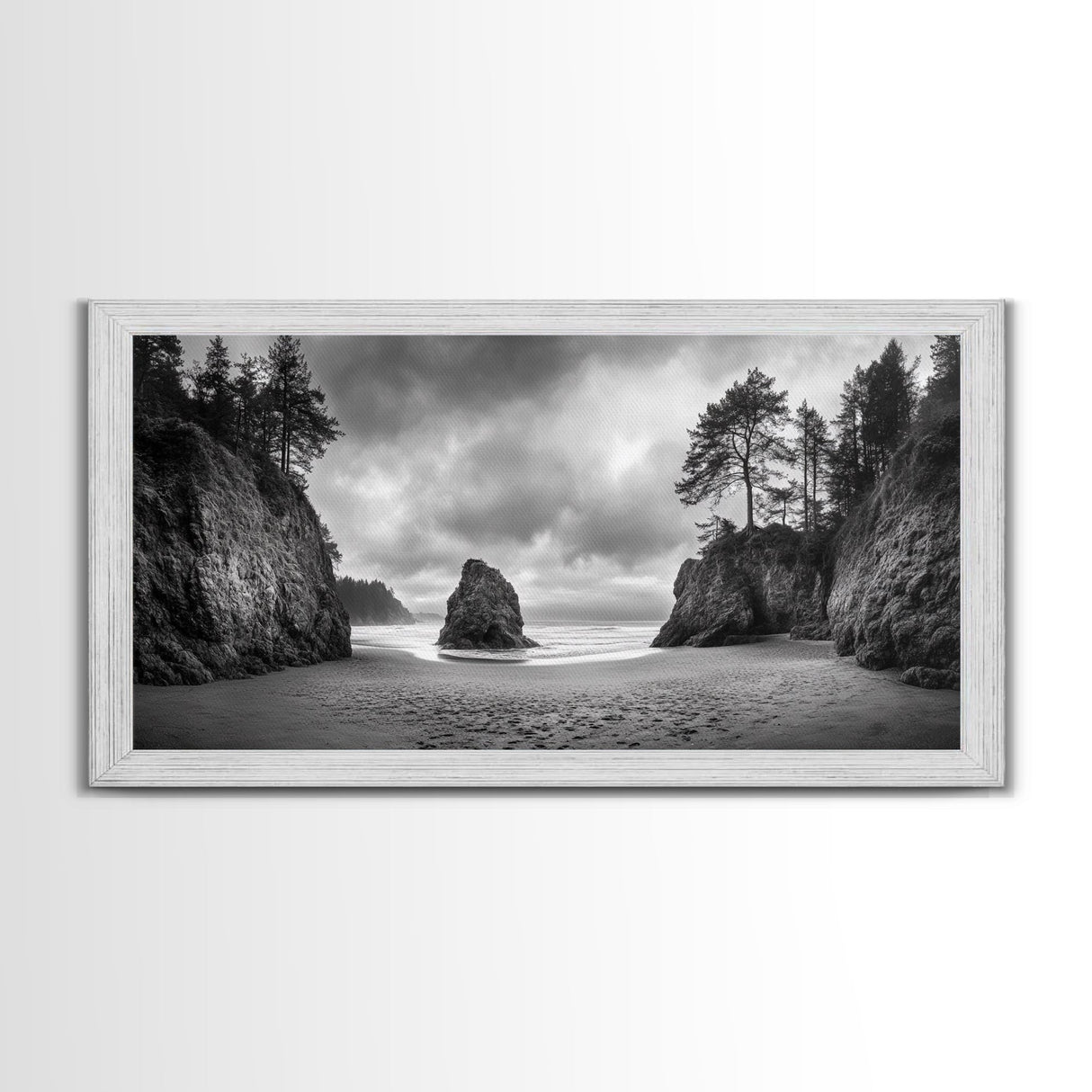 Hidden Coastal Cove, Dramatic Ocean Scene, Natural Seascape, Canvas Print, Rustic Cabin Wall Art, Black and White Beach Photography