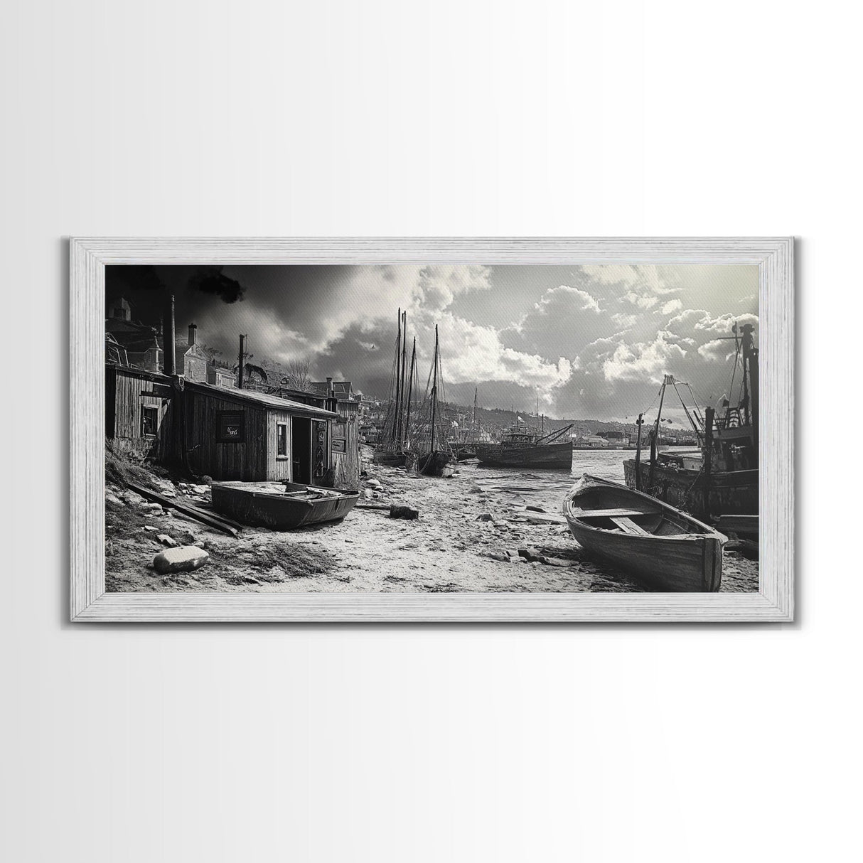 Old Fishing Harbor, Weathered Boats, Coastal Village Scene, Canvas Print, Nautical Kitchen Wall Art, Maritime Black and White Decor