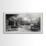 Old Fishing Harbor, Weathered Boats, Coastal Village Scene, Canvas Print, Nautical Kitchen Wall Art, Maritime Black and White Decor