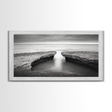 Ocean Rock Split, Calm Seascape Horizon, Monochrome Photography, Canvas Print, Bathroom Wall Art, Zen Coastal Aesthetic, Office Wall Art