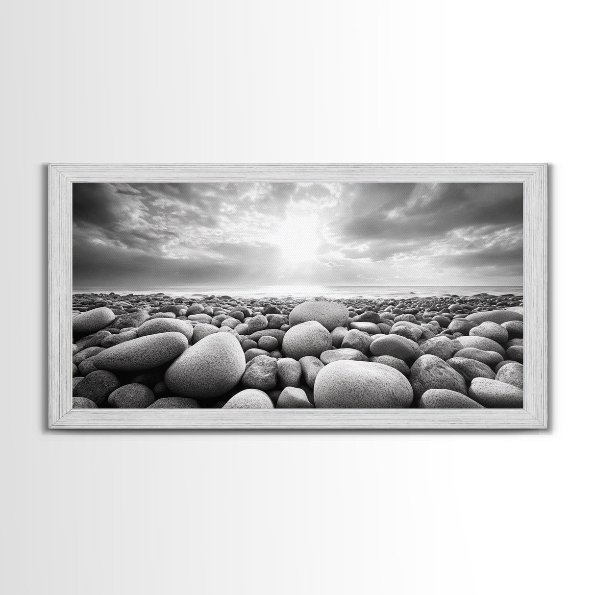 Pebble Beach Sunrise, Serene Rock Shore, Ocean Horizon Light, Framed Canvas Print, Bathroom Wall Art, Minimalist Coastal Decor