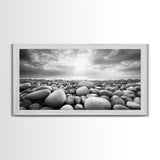 Pebble Beach Sunrise, Serene Rock Shore, Ocean Horizon Light, Framed Canvas Print, Bathroom Wall Art, Minimalist Coastal Decor