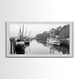 Fishing Boats Docked, Quiet Harbor Scene, Nautical River View, Framed Canvas Print, Kitchen Wall Art, Rustic Coastal Decor, Lodge Wall Art