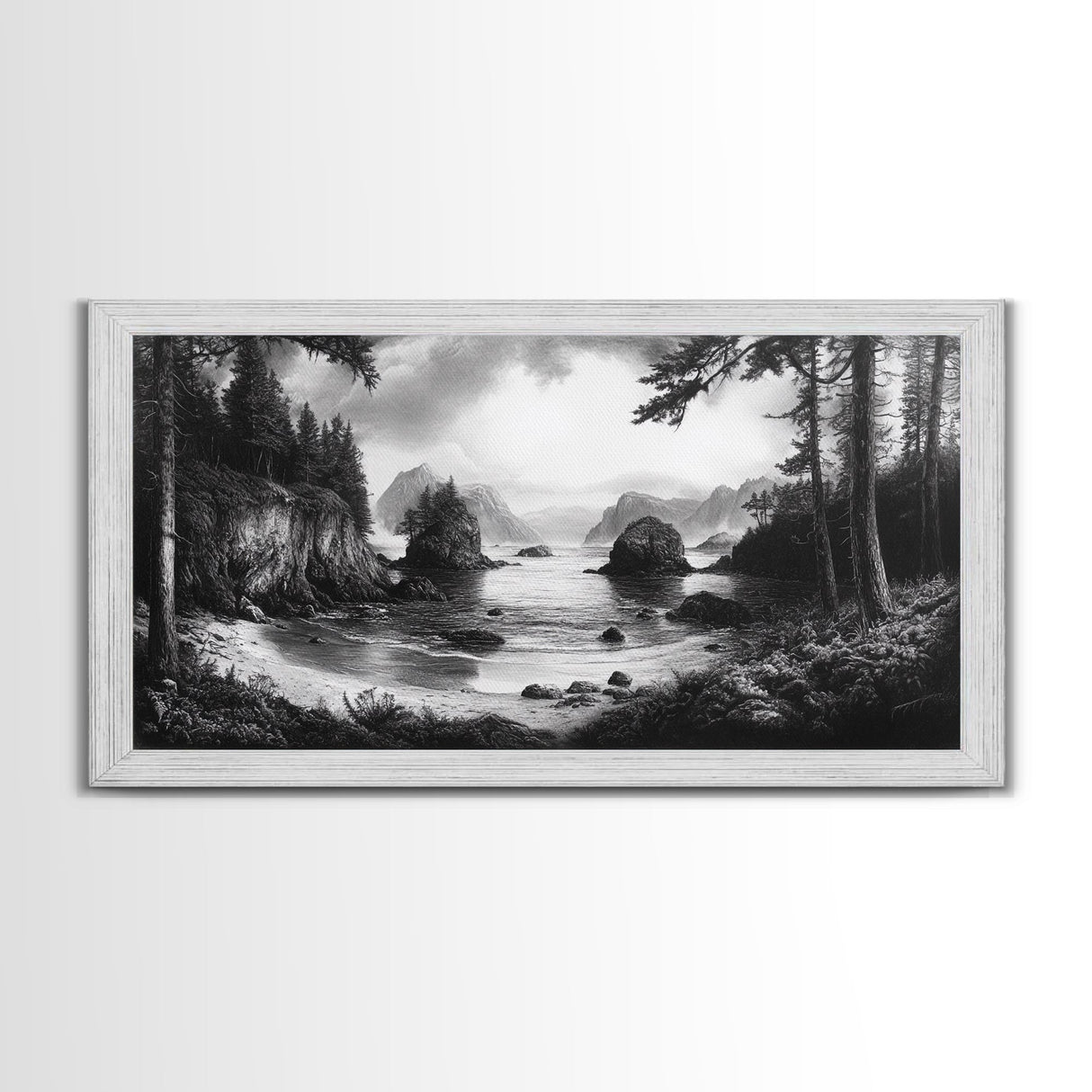 Coastal Forest View, Mountain Sea Horizon, Romantic Nature Scene, Framed Canvas Print, Living Room Wall Art, Vintage Landscape