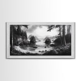 Coastal Forest View, Mountain Sea Horizon, Romantic Nature Scene, Framed Canvas Print, Living Room Wall Art, Vintage Landscape