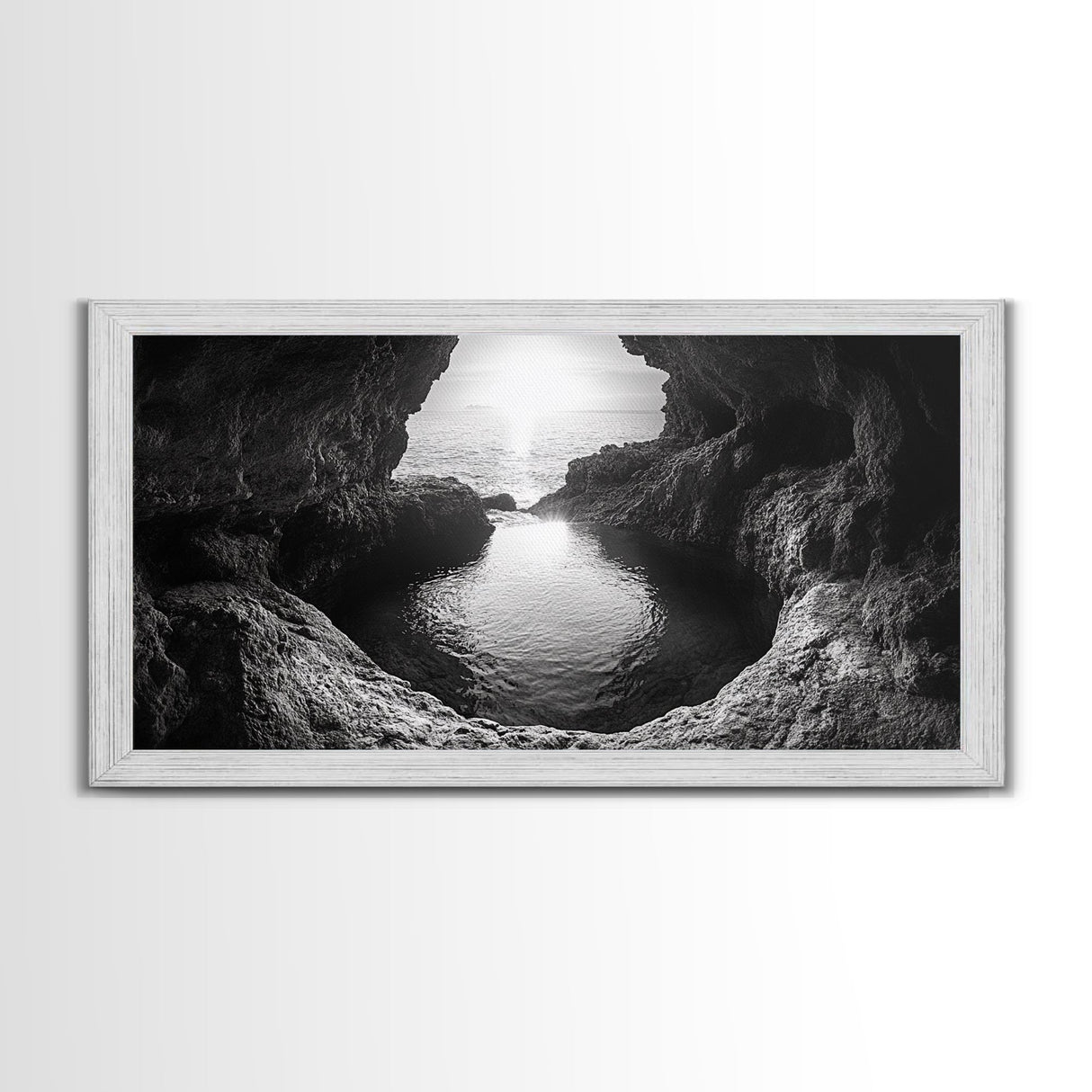 Ocean Cave Sunset, Seascape Art, Black and White Photography, Coastal Decor, Minimalist Style, Canvas Print, Bathroom Wall Art