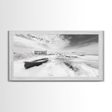 Snowy Coastal Boat, Rustic Winter Landscape, Farmhouse Wall Art, Neutral Tones, Canvas Print, Entryway or Fall Seasonal Decor