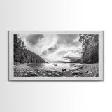 Forest Lake Serenity, Monochrome Nature, Tranquil Landscape, Canvas Print, Lodge Wall Art, Minimalist Cabin Decor, Black White