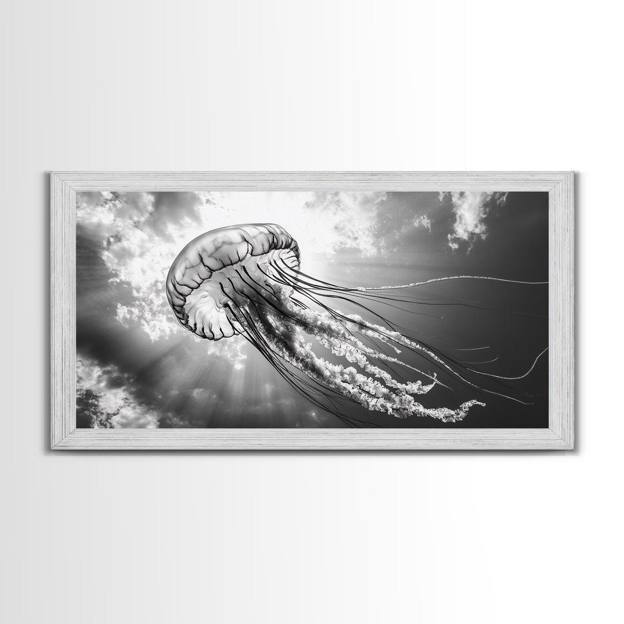 Jellyfish In Light, Ocean Life Art, Monochrome Sea Creature, Canvas Print, Coastal Bathroom Wall Art, Marine Modern Decor, Office Wall Art