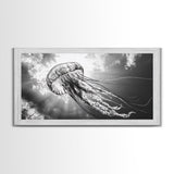 Jellyfish In Light, Ocean Life Art, Monochrome Sea Creature, Canvas Print, Coastal Bathroom Wall Art, Marine Modern Decor, Office Wall Art
