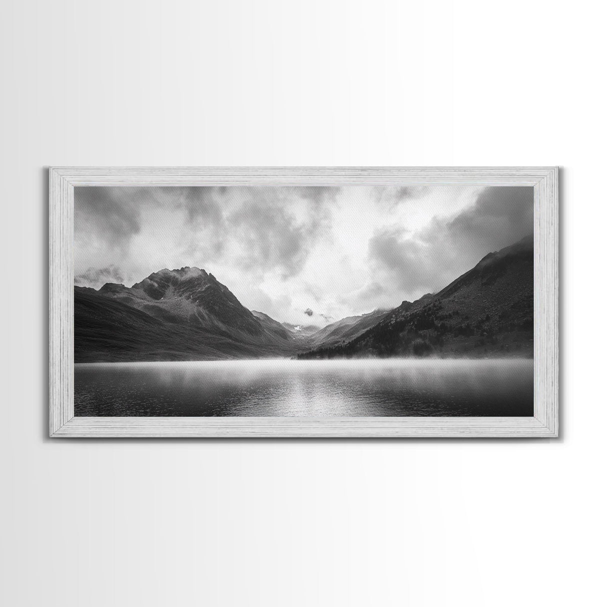 Mountain Lake, Misty Valley, Nature Serenity, Moody Landscape, Framed Canvas Print, Living Room Wall Art, Rustic Cabin Aesthetic