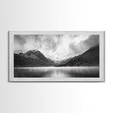 Mountain Lake, Misty Valley, Nature Serenity, Moody Landscape, Framed Canvas Print, Living Room Wall Art, Rustic Cabin Aesthetic