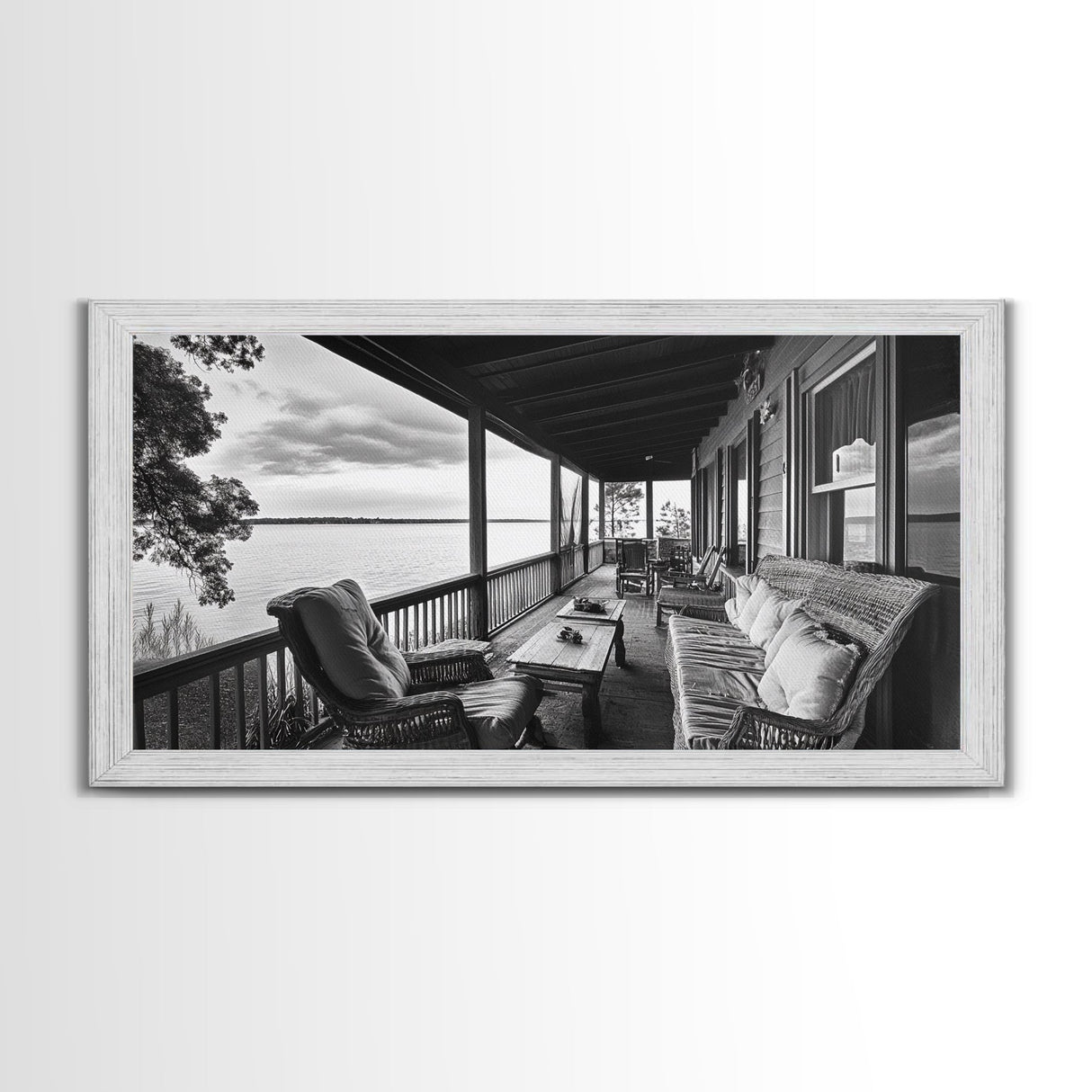 Porch Lake View, Rustic Escape, Cabin Life, Vintage Charm, Framed Canvas Print, Entryway Wall Art, Country Home Aesthetic, Cozy Style