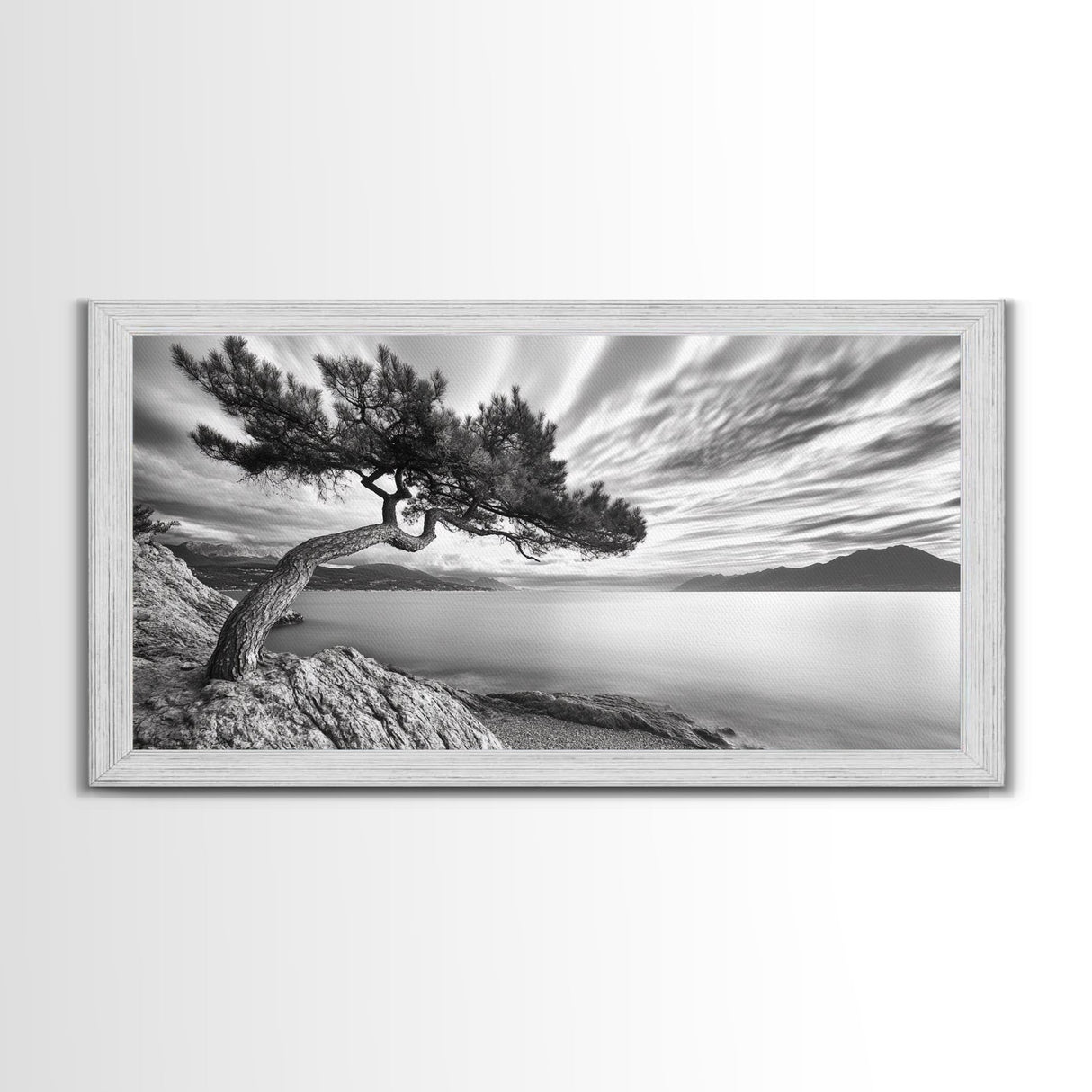 Tree Horizon, Curved Pine, Coastal Calm, Zen Scene, Canvas Print, Living Room Wall Art, Wabi Sabi Decor, Natural Minimal Aesthetic