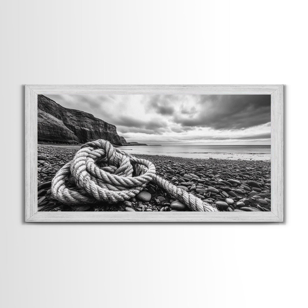 Coastal Rope, Pebble Shore, Nautical Texture, Rugged Seascape, Canvas Print, Bathroom Wall Art, Beach House Style, Moody Ocean Decor