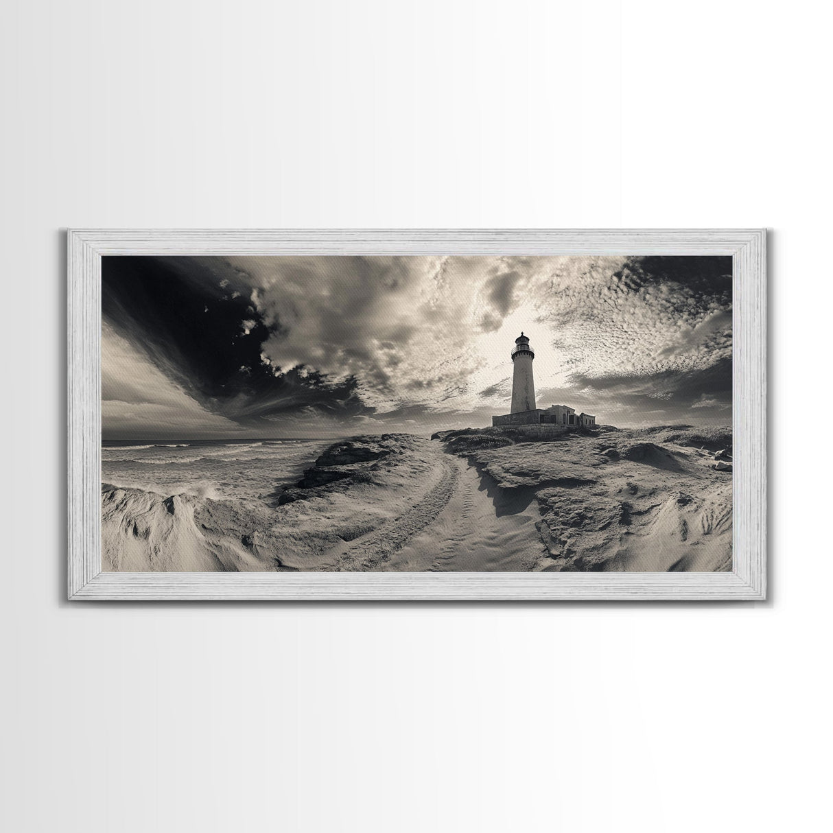 Lighthouse Path, Stormy Beach, Moody Coastline, Wall Decor, Framed Canvas Print, Coastal Wall Art, Rustic Bathroom, Nautical Style Print