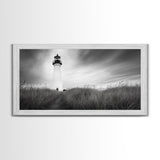 Lighthouse Grass, Seaside Tower, Stormy Sky, Black White, Framed Canvas Print, Beach Bathroom Art, Minimalist Decor, Nautical Print
