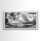 Tropical Coast, Palm Beach, Island View, Cloudy Sky, Framed Canvas Print, Coastal Living Room Art, Beach Wall Decor, Summer Style