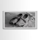 Moccasins in Sand, Rustic Footwear Art, Cultural Detail Photo, Framed Canvas Print, Boho Entryway Wall Decor, Western Minimalist