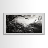 Stormy Shore, Erosion Roots, Driftwood Beach, Nature Drama, Framed Canvas Print, Moody Wall Art, Fall Living Room Decor, Dark Rustic Style