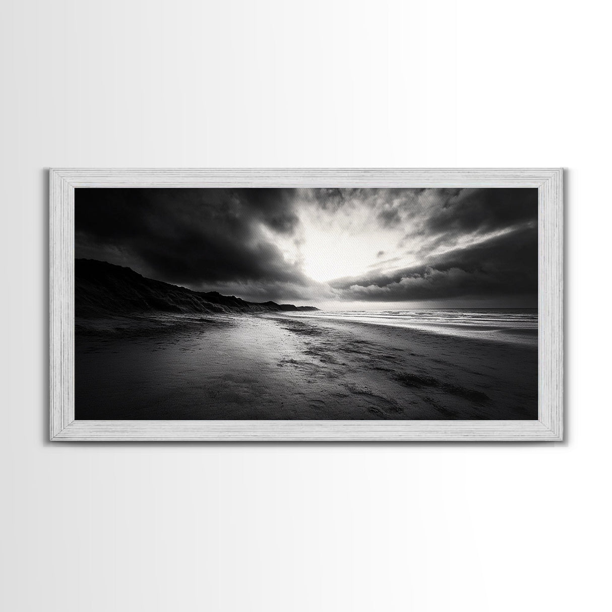 Stormy Coast, Dramatic Sky, Ocean Dusk, Monochrome Landscape, Framed Canvas Print, Bedroom Wall Art, Minimalist Coastal Decor