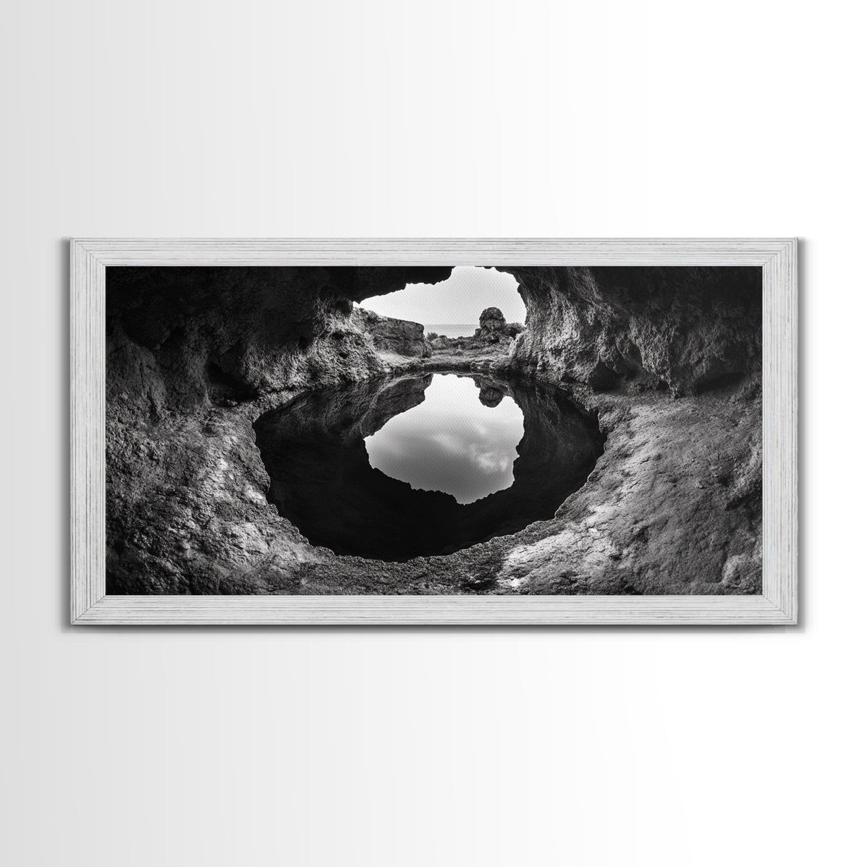 Sea Cave, Rocky Texture, Coastal Reflection, Natural Formations, Framed Canvas Print, Bathroom Art, Earthy Wall Decor, Zen Style