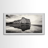 Cliff Reflection, Coastal Monolith, Seashore Beauty, Sunset Vibes, Framed Canvas Print, Living Room Art, Minimalist Beach Scene