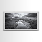Marshland Serenity, River Flow, Cloudy Mood, Nature Calm, Framed Canvas Print, Coastal Wall Art, Bathroom Tranquil Landscape
