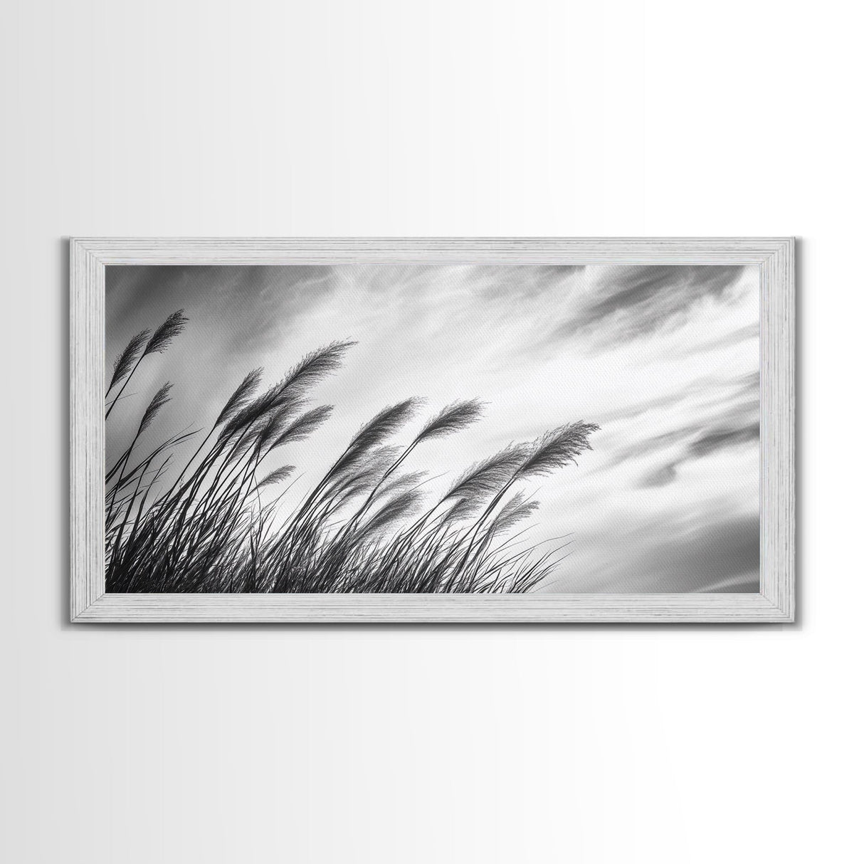 Pampas Grass, Wind Blown, Sky Motion, Autumn Field, Framed Canvas Print, Boho Wall Art, Bedroom Fall Botanical Decor, Living Room Decor