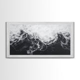 Ocean Texture, Crashing Waves, Abstract Sea, Monochrome Motion, Framed Canvas Print, Coastal Wall Art, Bathroom Minimalist Decor
