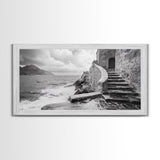 Stone Stairway, Ocean Cliff, Coastal Architecture, Mediterranean Charm, Framed Canvas Print, Rustic Wall Art, Entryway Travel Decor