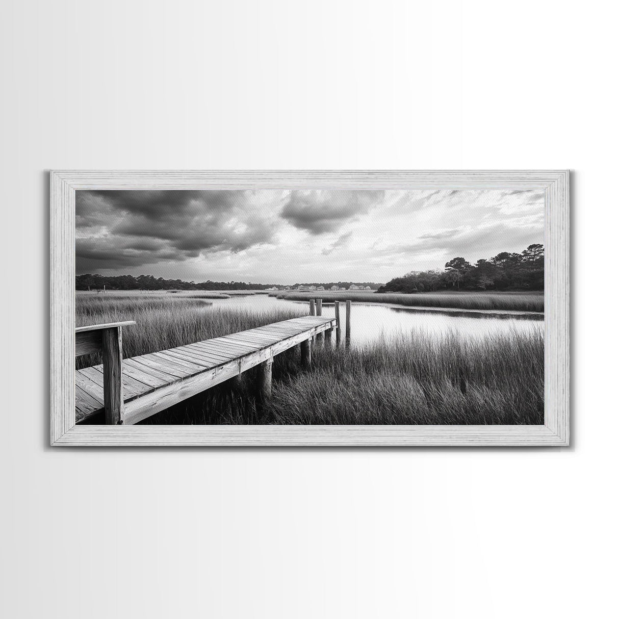 Marsh Dock Scene, Tranquil Water Landscape, Rustic Pier Canvas Print, Black and White Nature, Entryway Art, Coastal Country Home Decor