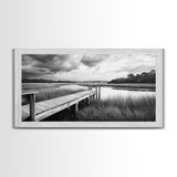 Marsh Dock Scene, Tranquil Water Landscape, Rustic Pier Canvas Print, Black and White Nature, Entryway Art, Coastal Country Home Decor