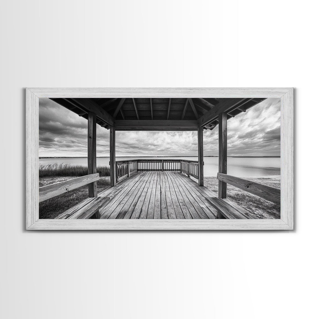Gazebo By Water, Serene Lake View, Rustic Deck Canvas Print, Minimalist Landscape Wall Art, Neutral Bedroom, Tranquil Home Decor