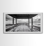 Gazebo By Water, Serene Lake View, Rustic Deck Canvas Print, Minimalist Landscape Wall Art, Neutral Bedroom, Tranquil Home Decor