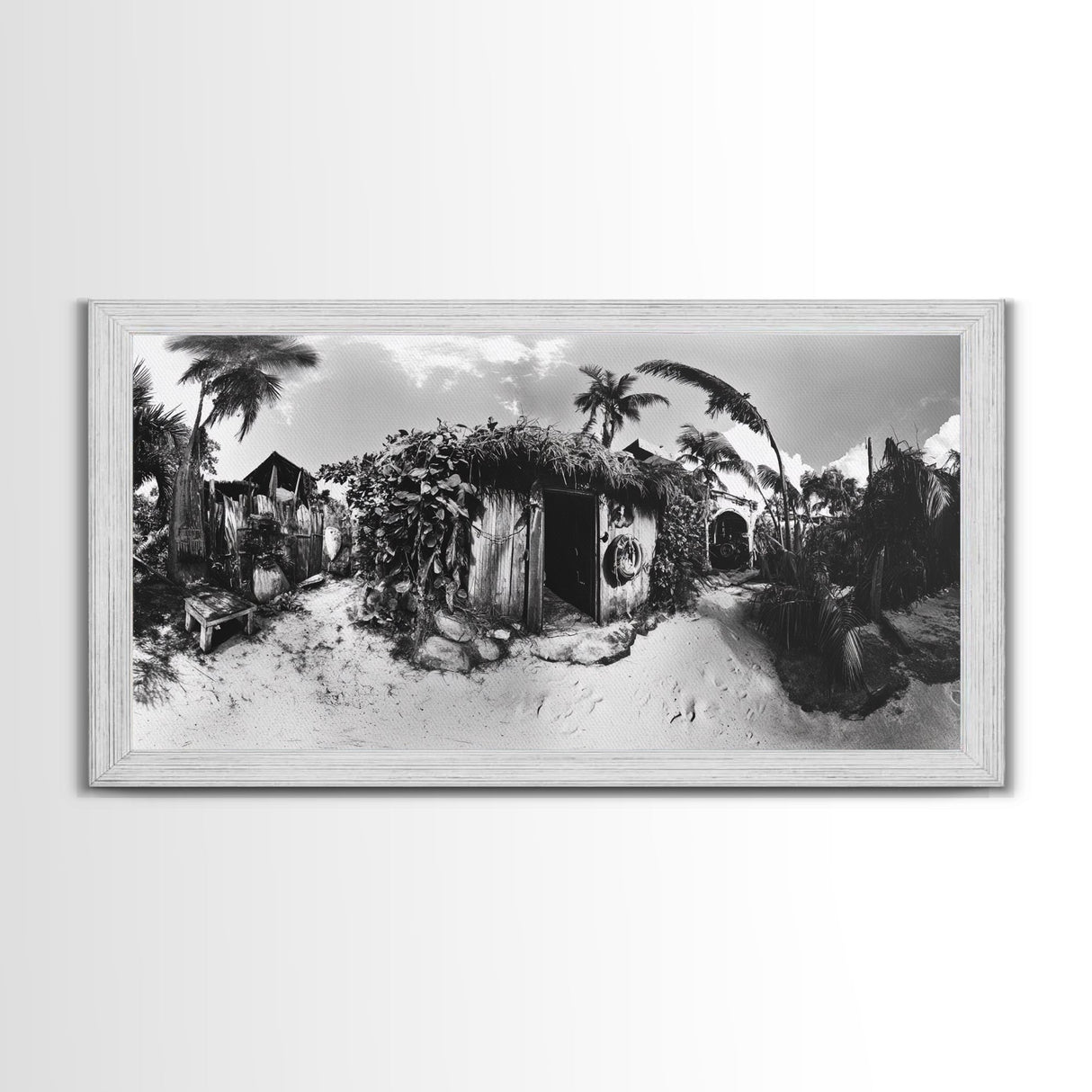 Tropical Beach Shack, Rustic Coastal Decor, Island Vibes, Palm Tree Jungle, Framed Canvas Print, Boho Living Room Wall Art