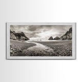 Coastal Pebble Beach, Pacific Shoreline, Serene Nature Landscape, Framed Canvas Print, Neutral Bedroom or Fall Living Room Wall Art