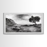 Picnic Table View, Coastal Meadow Scene, Tree and Cliff Horizon, Framed Canvas Print, Relaxing Kitchen or Outdoor Patio Wall Art