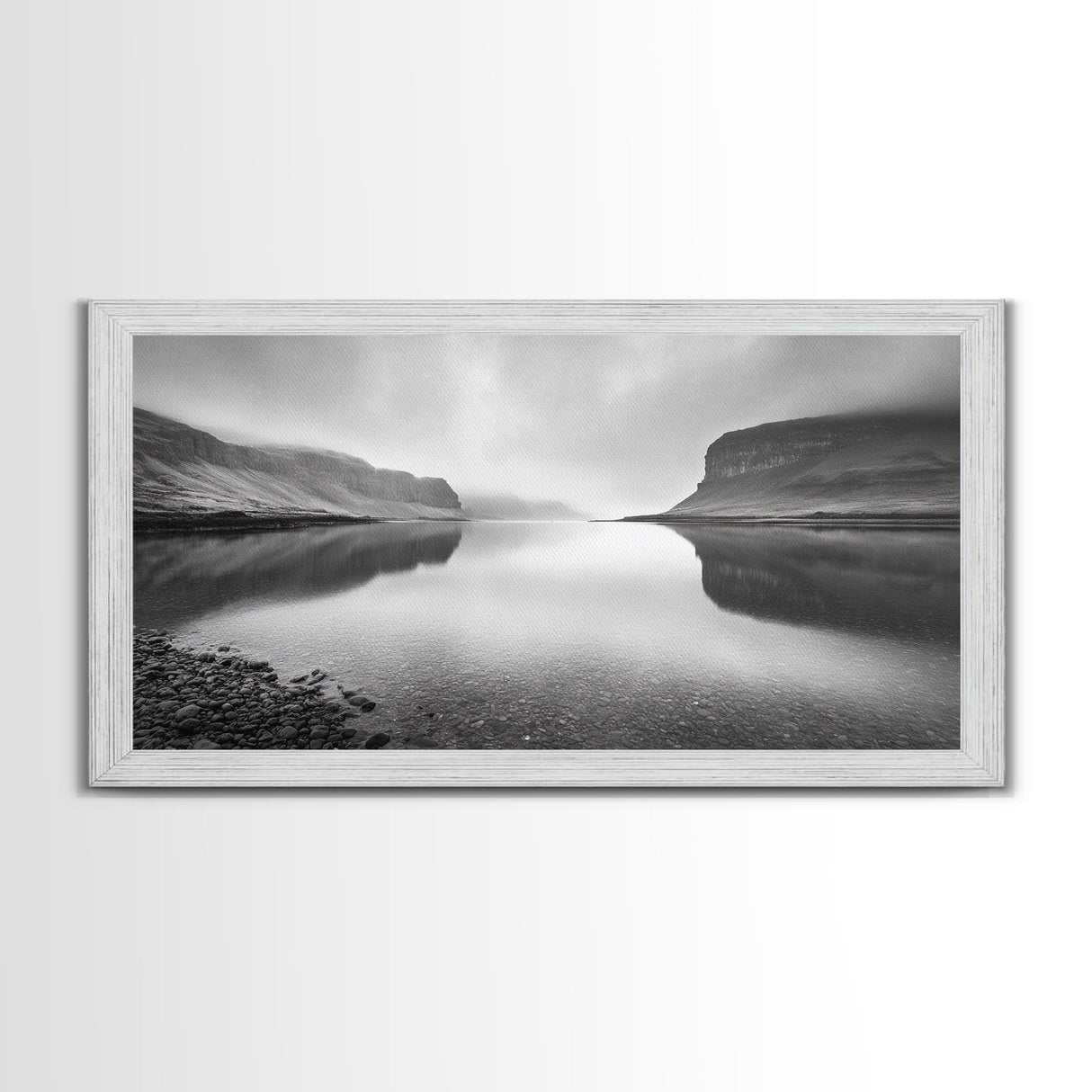 Misty Fjord Reflection, Calm Water Scene, Nordic Landscape, Peaceful Wall Decor, Canvas Print, Office Wall Art, Minimalist Mountains