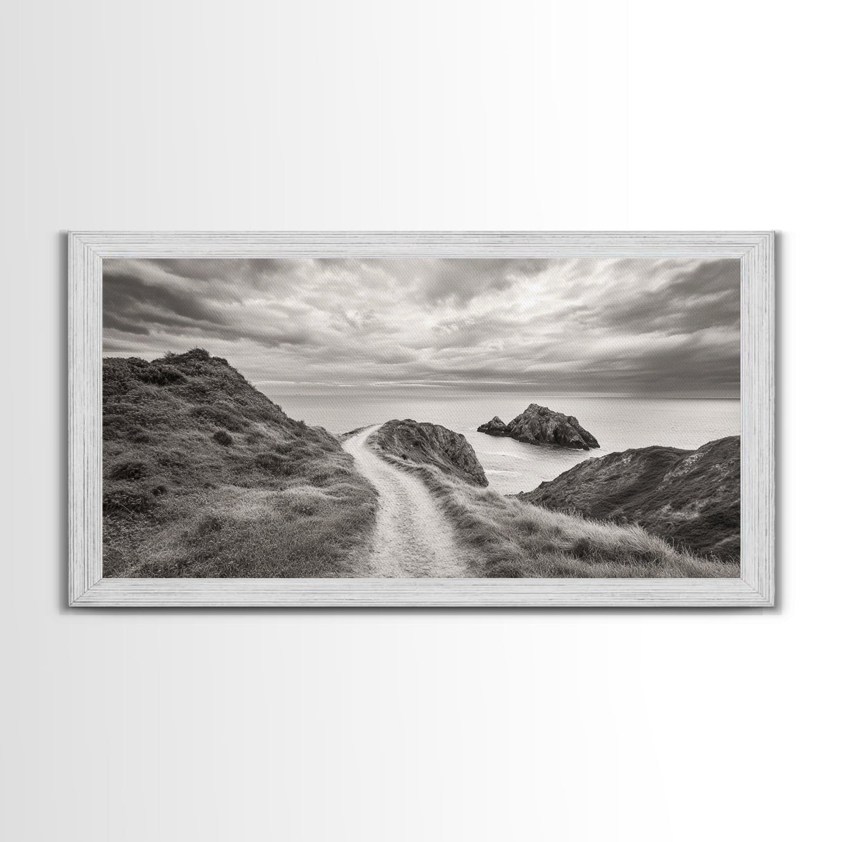Coastal Cliff Path, Ocean View Trail, Windswept Grass Art, Seaside Wall Decor, Framed Canvas Print, Bedroom Art, Nature Lover Gift