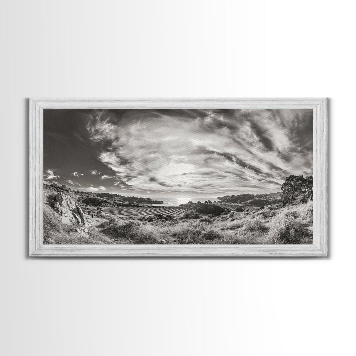 Coastal Hillside Sunset, Vineyard Ocean View, Rolling Landscape Art, Framed Canvas Print, Kitchen Wall Art, California Scenery