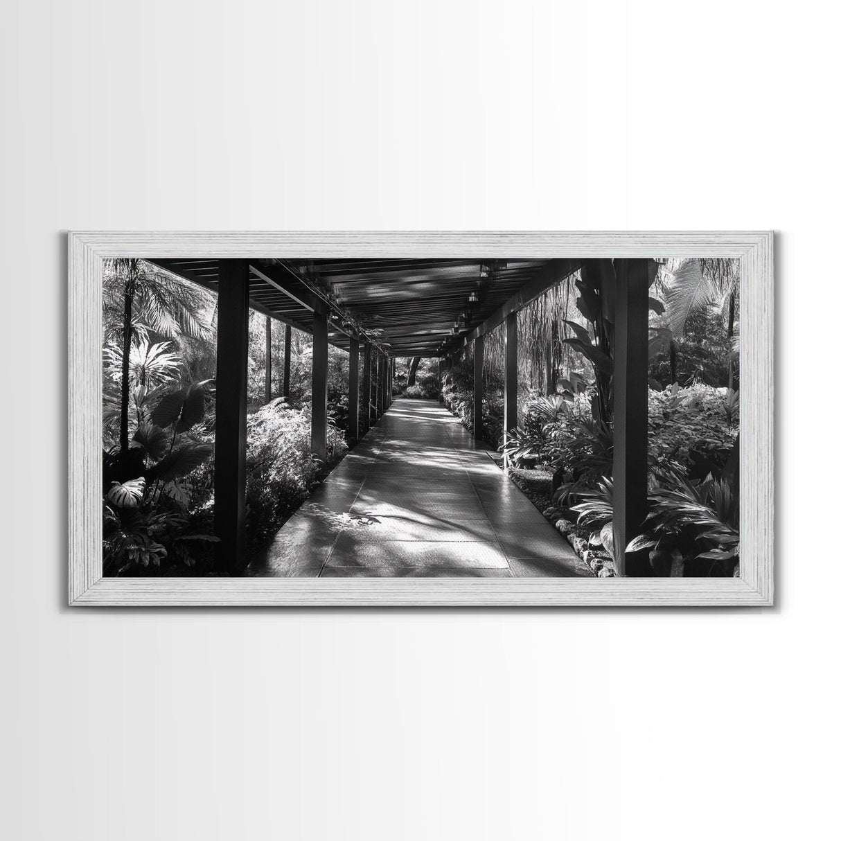 Serene Garden Pathway, Nature Tunnel Walk, Tropical Jungle Scene, Framed Canvas Print, Minimalist Art, Living Room Wall Decor