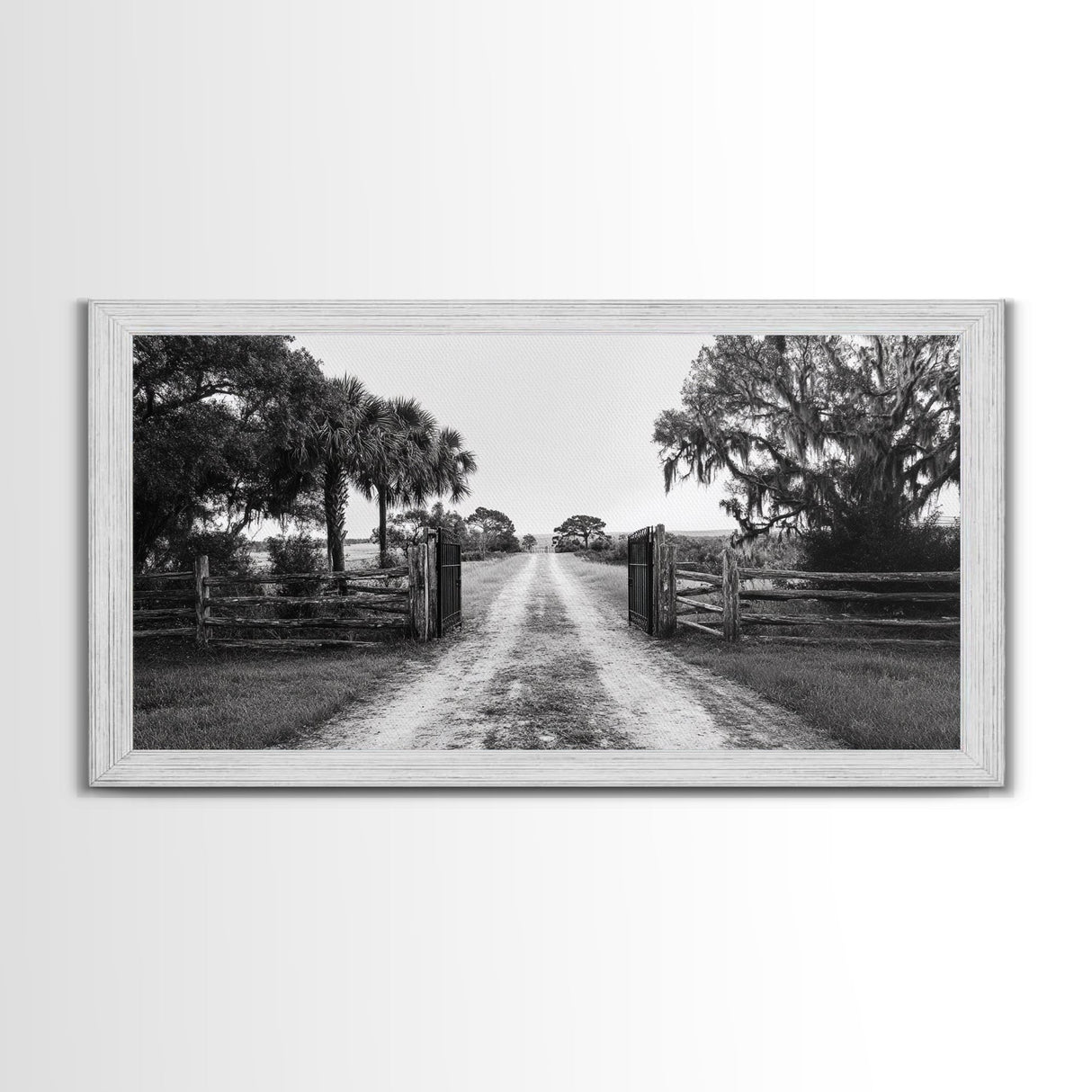 Rustic Gate Trail, Southern Country Road, Tree-Lined Entry, Framed Canvas Print, Farmhouse Style, Entryway or Office Wall Art