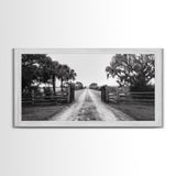 Rustic Gate Trail, Southern Country Road, Tree-Lined Entry, Framed Canvas Print, Farmhouse Style, Entryway or Office Wall Art