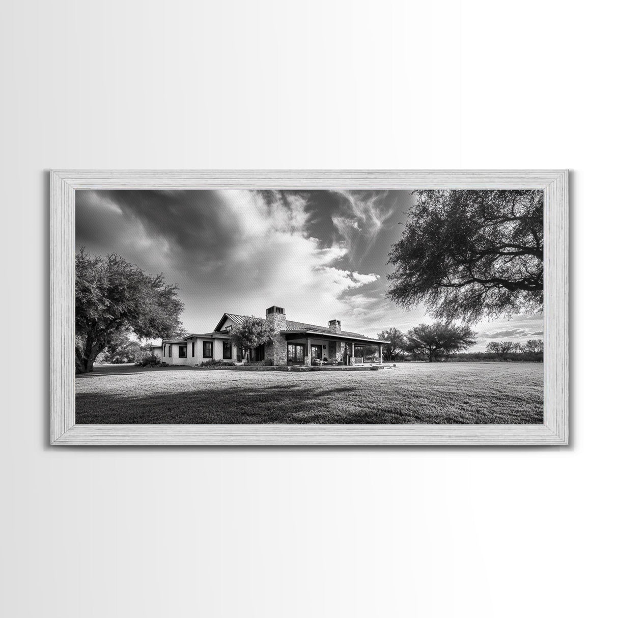 Southwestern Ranch Home, Texas House Scene, Peaceful Rural Living, Framed Canvas Print, Rustic Landscape Art, Living Room Decor