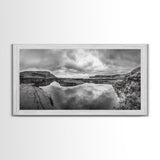 Reflected Cliffs, Stormy Sky, Coastal View, Dramatic Landscape, Canvas Print, minimalist art, office decor, moody black and white wall art