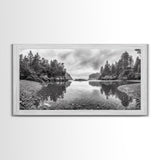 Forest Shoreline, Pebble Beach, Misty Inlet, Calm Waters, Canvas Print, natural modern art, neutral palette, living room wall decor
